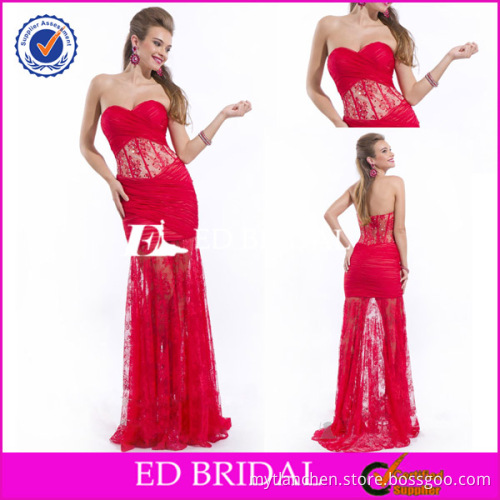 Fitted Sweetheart Sleeveless Corset Ruched Sheer Bottom Red Sexy Lace Evening Dress